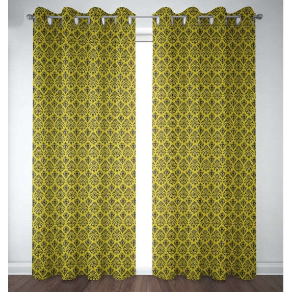 S4sassy Cotton Duck Flourish Damask Yellow Door Treatment Double Panel Eyelet Curtain Drapes- 54x84 Inches
