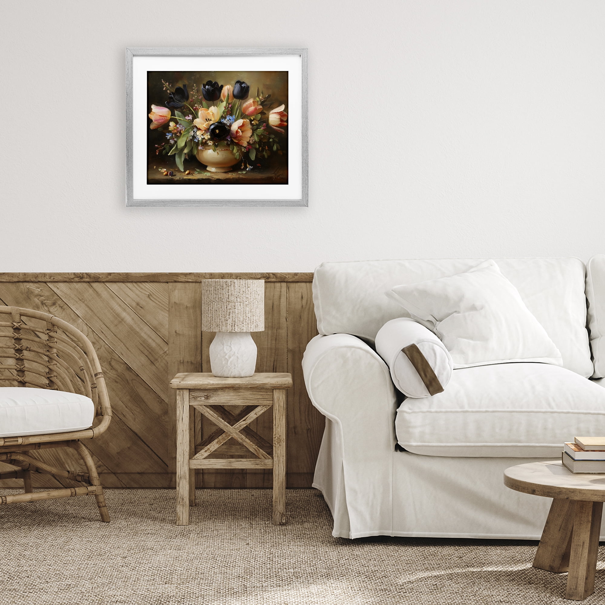 Stupell Industries Black Tulips & Peach Bouquet Gray Framed Print Under Glass, design by Franklyn Gregory