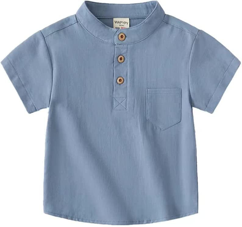 Toddler Boys Linen Henley Short Sleeve Shirt Lightweight Cotton Casual Dress Tee Tops with Pocket for Little Kid 