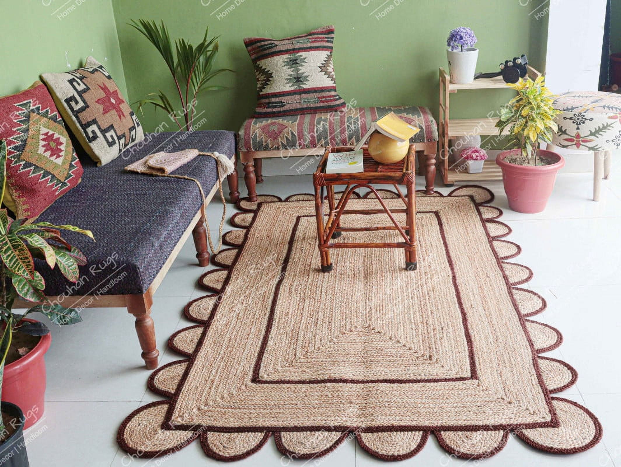 Area Rug Natural Jute Hand Braided Rug Brown Scalloped Runner