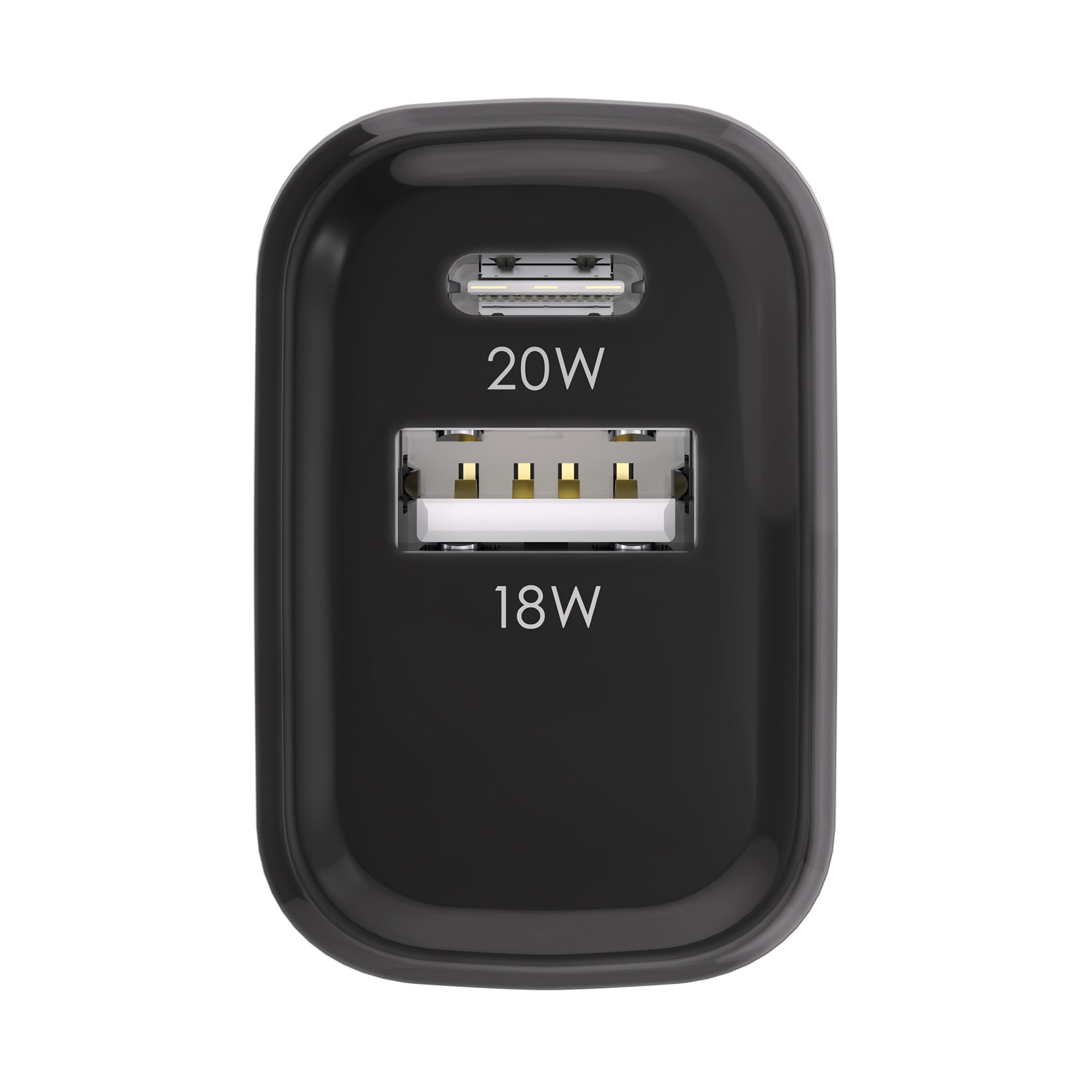 Powertek Luxe 20W USB-C + 18W USB-A Fast Charging Dual Port Block, Black, Compatible with iPhone, Android, Tablets & USB Devices, Compact Travel Adapter