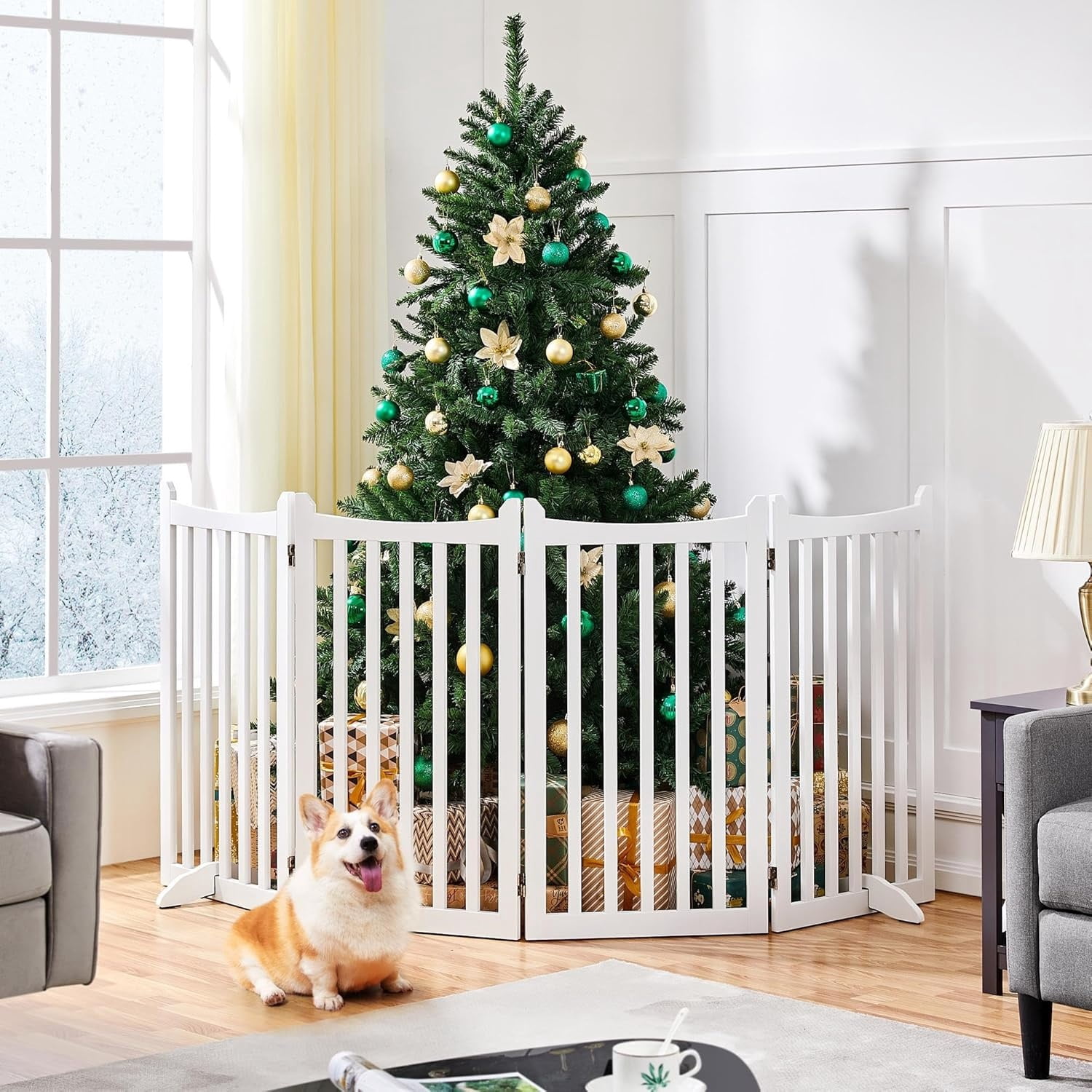 36" H Extra Tall Freestanding Pet Gate 4-Panel Wooden Dog Fence with 2 Support Feet Folding Dog Gate for Indoor, Stairs, Doorways, Halls, Kitchen Wooden Pet Barrier White, 79.5" L x 36" H