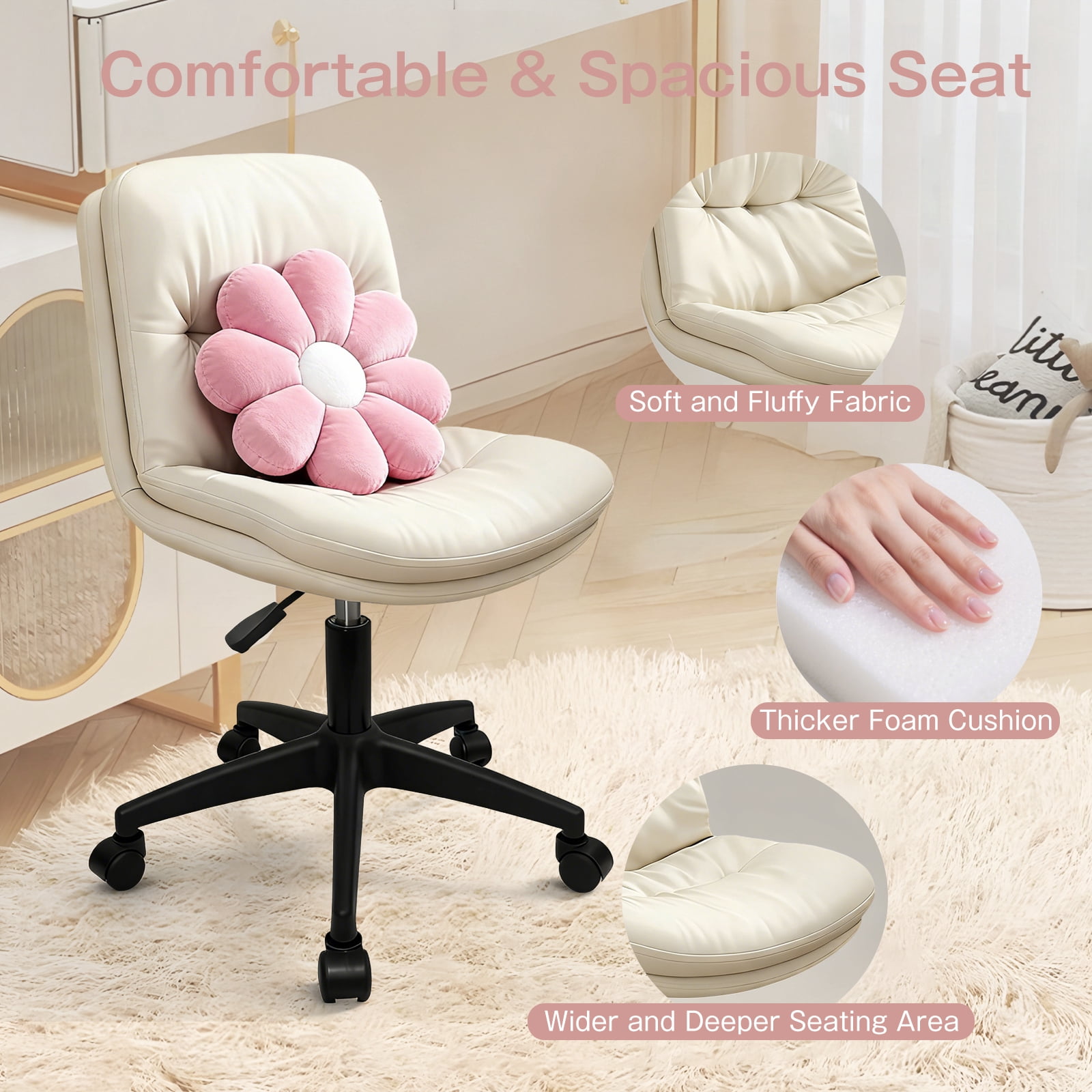Vanity Chair with Back, PU Leather Swivel Office Desk Chair, Height Adjustable Armless Chair for Small Spaces, Bedroom, Vanity, Home Office Beige