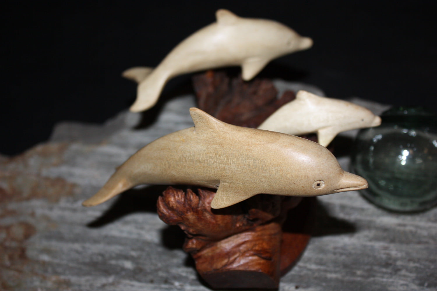 Carved#non06 Set of 3 Dolphins on Driftwood Base 7" X 7" 