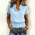 thumbnail image 5 of ClodeEU Women's V Neck Short Sleeve T-Shirt with Ruff Trim , Casual Solid Color Top with Elastic Smocked Waist Light Blue,Women's Plus L, 5 of 7