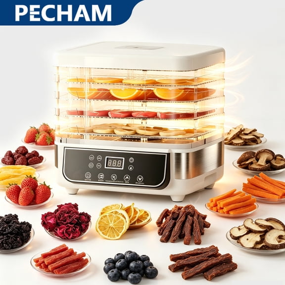 PECHAM 5 Trays Food Dehydrator Machine, 400W Hydrator Machine with 72H Digital Timer and 95℉-158℉ Temperature Control for Fruit Vegetable Meat Jerky Herb Beef Mushroom, White