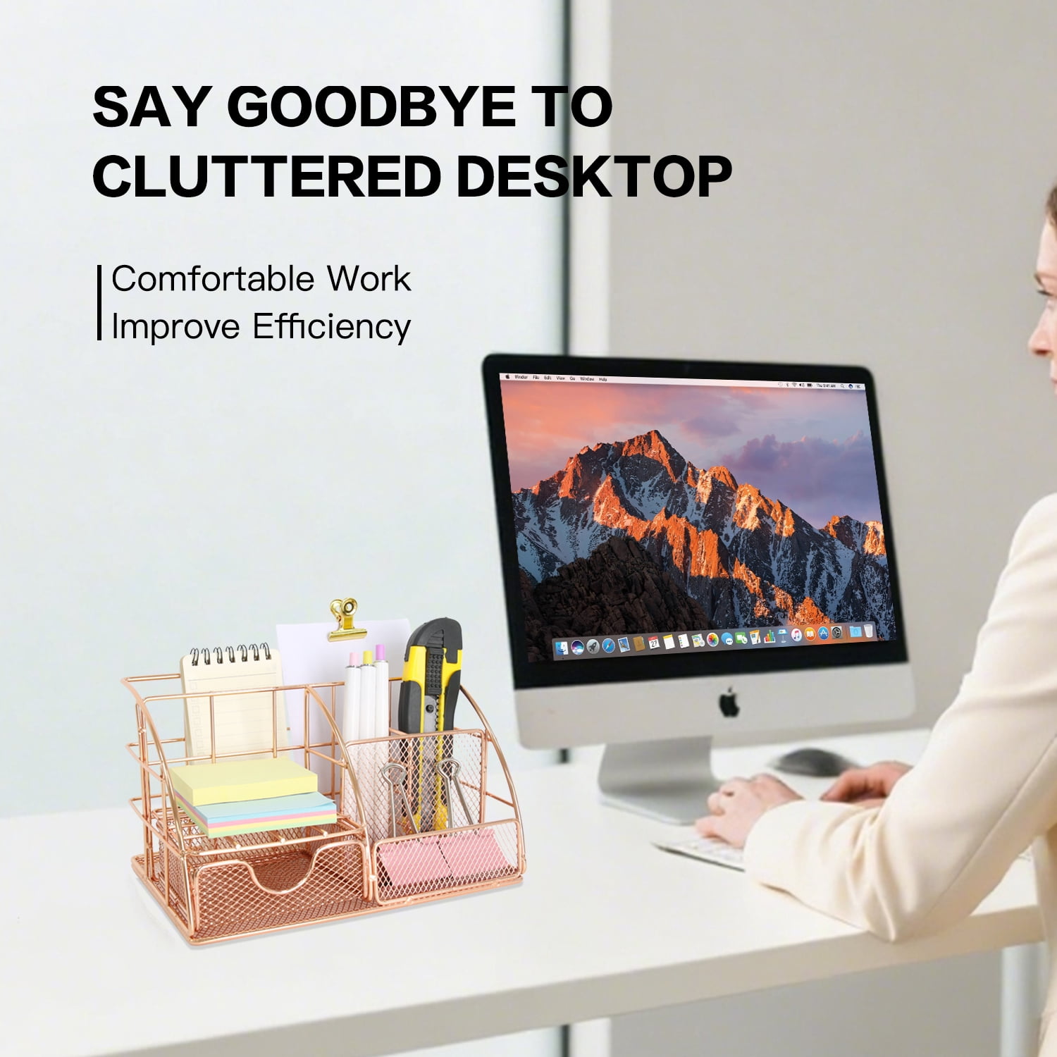 Rose Gold Desktop Organizer - Metal File Holder & Office Supply Rack - Multifunctional Storage for Stationery, Mail, Cosmetics - Compact Design for Home Office & Workspace