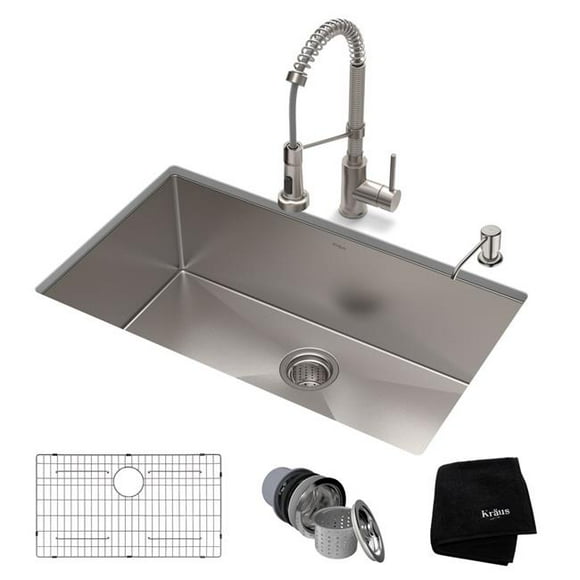 Kraus USA KHU100-30-1610-53SS 30 x 18 x 10 in. Standard PRO Farmhouse Kitchen Sink & Bolden, Stainless Steel