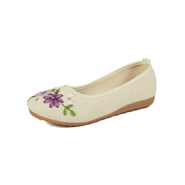Women's Pointed Toe Flower Flat Shoes Embroidered Style Slip On Ballet