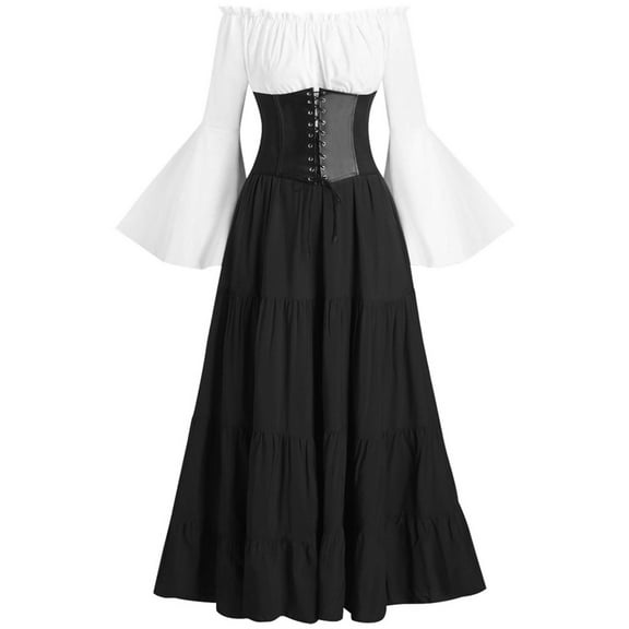 Renaissance Pirate Dress for Women, Off Shoulder Bell Sleeve Corset Gown, Medieval Peasant Festival Costume Dress