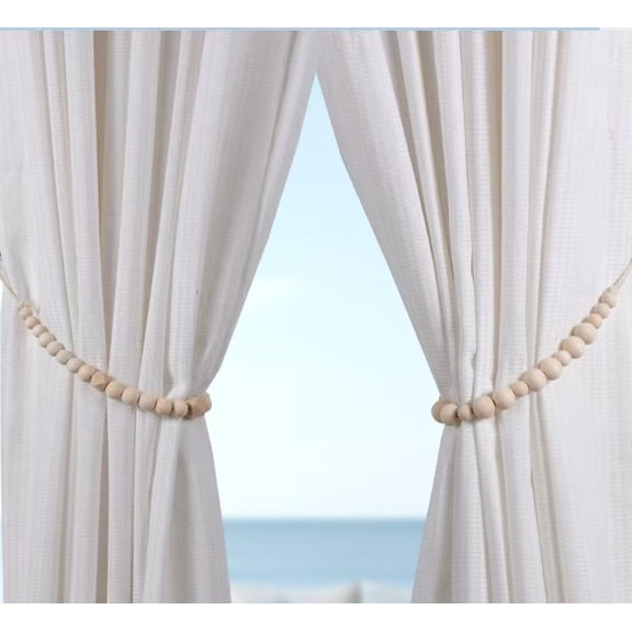 Vruelia Curtain Tiebacks Set Natural-Wood Bead Ties Brass Hooks Included Bedroom Decor with 2 Holdbacks