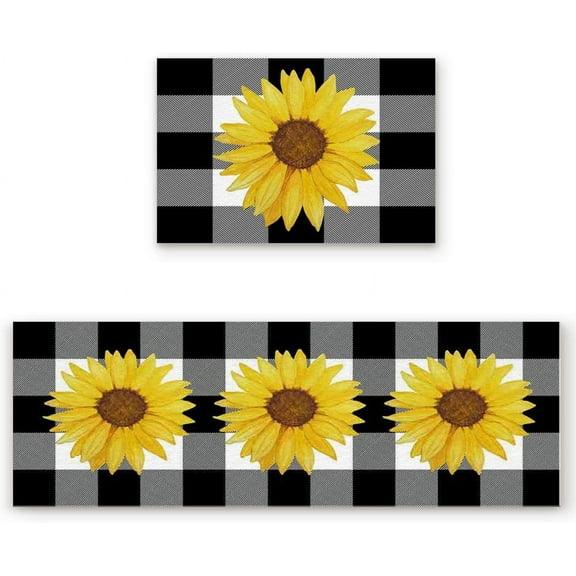 T&H XHome Kitchen Rugs Set 2 Pieces,Farm Sunflower Buffalo Plaid Black and White Non-Skid Dots Rubber Backing Kitchen Cushioned Mats Doormats