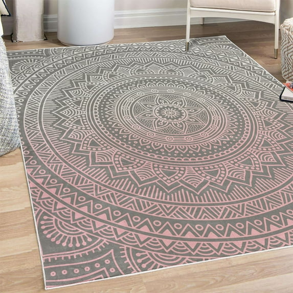 Mandala Decorative Rug, Abstract Floral Design with Themes Native South East Folkloric Illustration, Quality Carpet for Bedroom Dorm and Living Room, 6 Sizes, Dark Eggshell, by Ambesonne