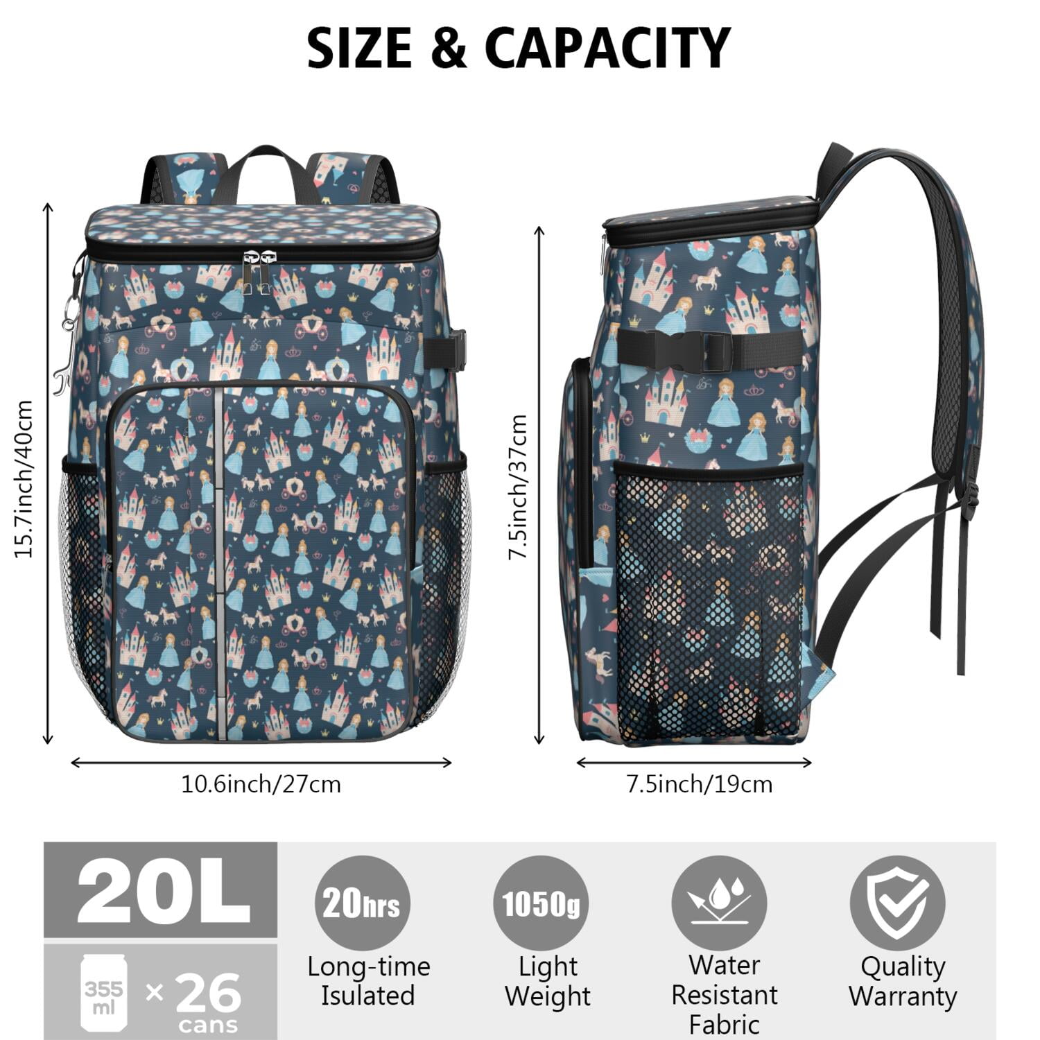 Travel Cooler Bag - Dark Blue Princess Castle Pattern Camping Beer Cooler Backpack with Bottle Opener- Waterproof Insulated Picnic Backpacks - Cooler Bag for Beach