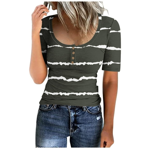 ALLLIST Green Trendy Tops for Women 2024 Short Sleeve Scoop Neck Striped T-Shirts Casual Button Womens Blouses