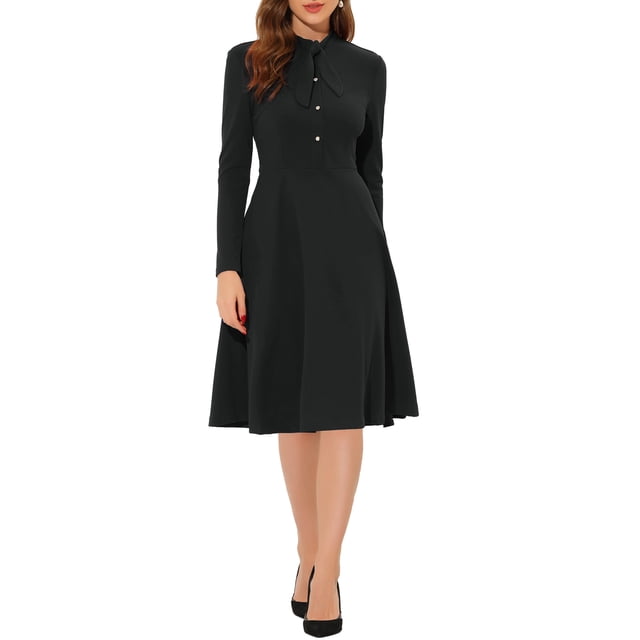 INSPIRE CHIC Robe Midi en Tricot à Manches Longues à Col Noué pour Femme, Tenue de Travail, L Noir