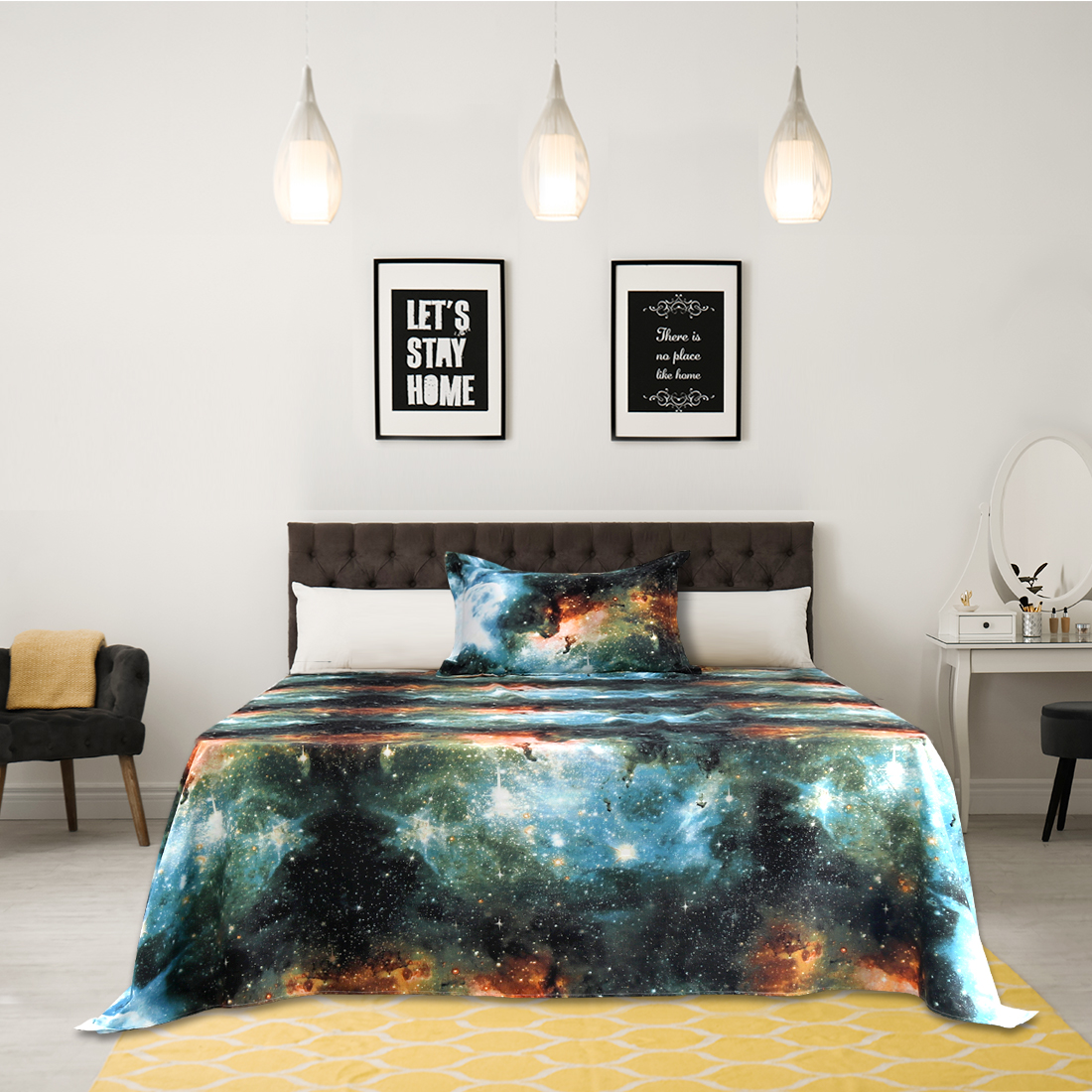 3pcs Bed Sheet Set Galaxy Stars Themed Bedding Set with Pillow Case