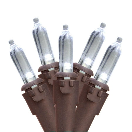 Set of 35 Pure White LED Mini Christmas Lights 4" Spacing - Brown Wire