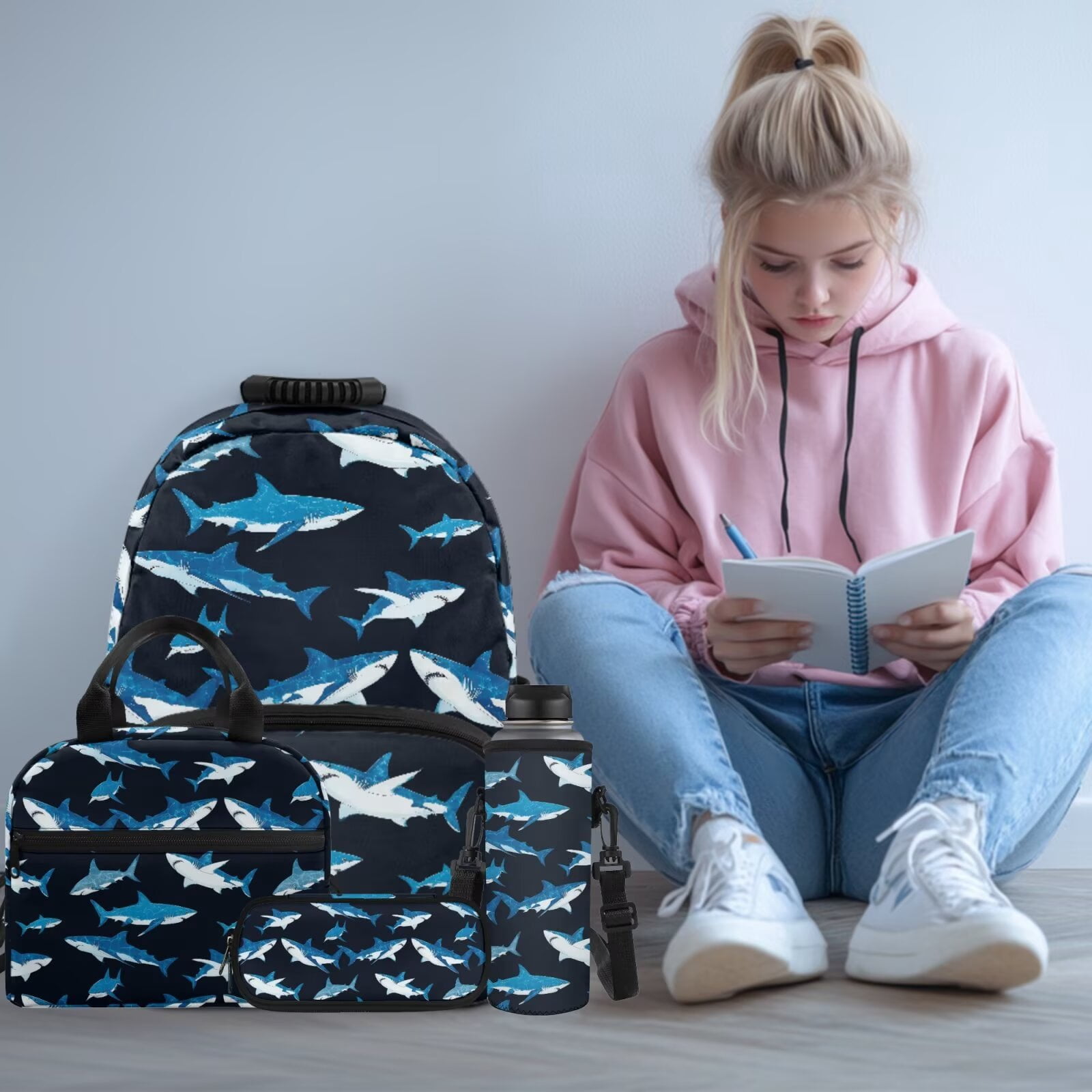 XYZCANDO Blue Shark 4 Piece School Backpack Set with Lunch Bag Pen Bag Water Bottle Bag Carrier Large Capacity for Boys & Girls Elementary Middle School