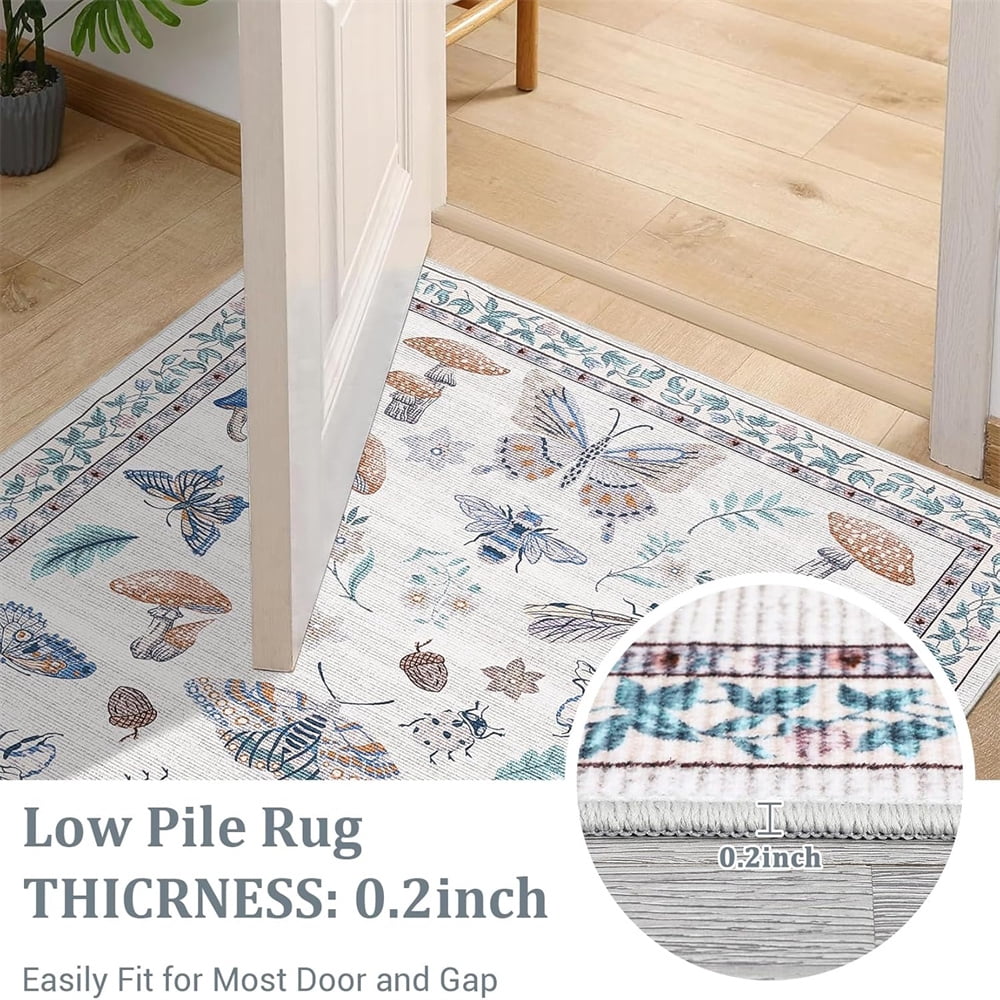 Washable Runner Rug Modern Insect Floral Print Area Rug Mushroom Carpet for Kitchen Stain Resistant Carpet with Non-Slip Backing Low Pile Floor Cover for Hallway Laundry Bedroom