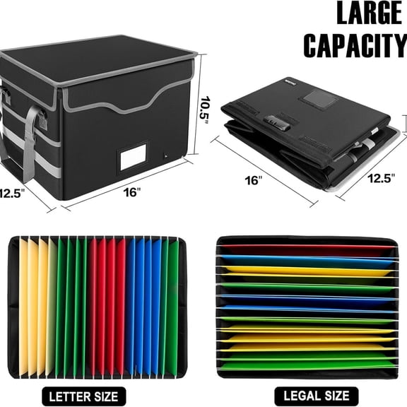 Fireproof Document Box with Lock,File Storage Organizer with Pockets,Collapsible Portable File Box Home Office Safe Filing Cabinet with Handle for Hanging Letter/Legal Folders,Black,2 Pack