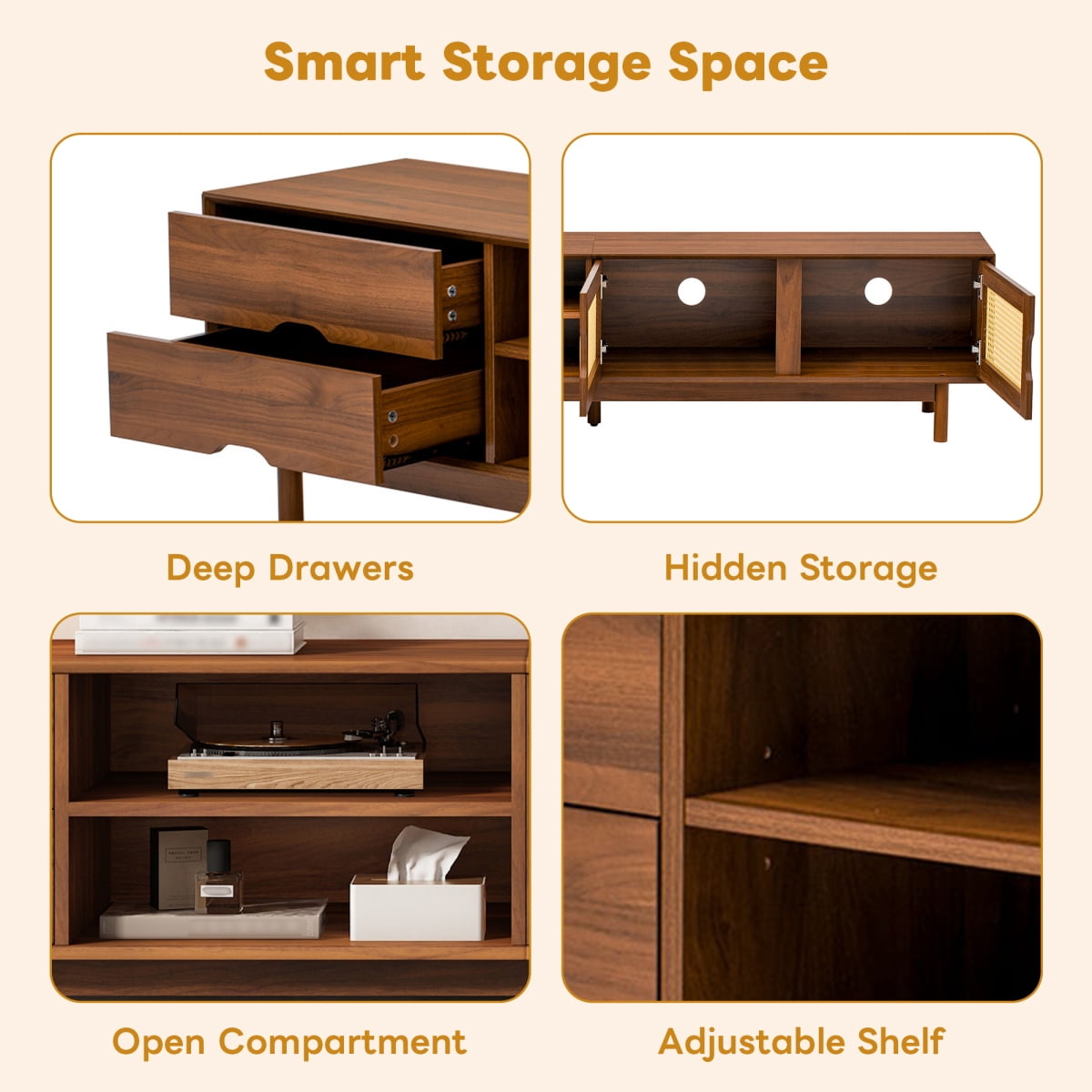 Walnut 78 Inch TV Stand for TVs up to 85 Inch Rattan Front Panels 2 Drawers Solid Wood Legs Media Console