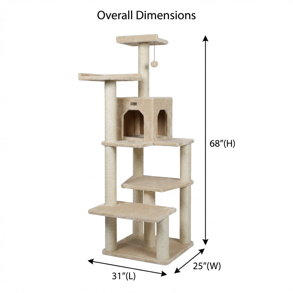 Multi-Level Cat Tree Tower with Condo, Natural Sisal Scratching Posts, Ultra-Soft Plush Carpet, 68 Inches Tall, Beige