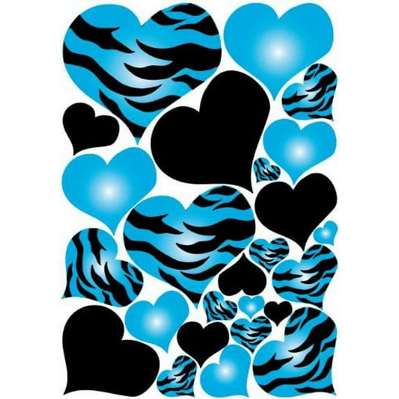 Blue Radial Zebra Print Hearts Wall Sticker Decals on a 18in by 25in sheet