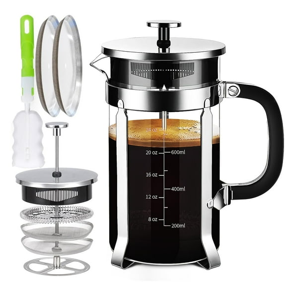 YMMIND Cafetera de prensa francesa Prensa de café de acero inoxidable 304 de 34 oz, con sistema de 4 filtros, vidrio de prensa francesa de borosilicato de espesor resistente al calor, émbolo de café d