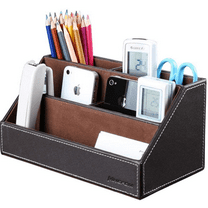 KINGFOM Desktop Organizer, Multi-Function Desk Organizer Office Supplies Storage Box Pen Holder Pen Organizer Business Card Holder Remote Holder Brown