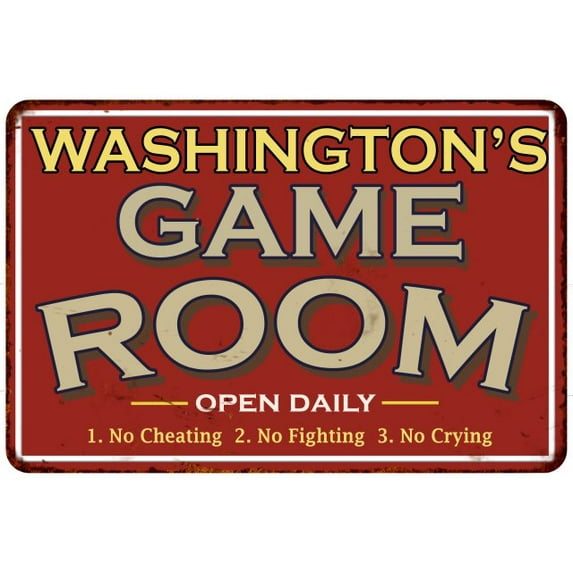 WASHINGTON'S Game Room Sign Vintage Look 8 x 12 Matte Finish Metal 108120001473