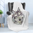 thumbnail image 4 of Wolf Soft Flannel Fleece Blanket, Hand Drawn Style Canine Portrait with Blue Eyes Watercolor Wildlife Illustration, Cozy Plush for Indoor and Outdoor Use, 50" x 70", Pale Green Umber, by Ambesonne, 4 of 5