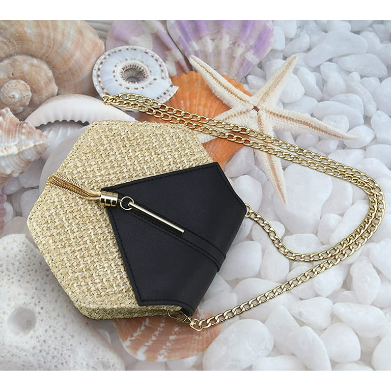 Fashionable Woven Seagrass Clutch Bag With Faux Pearl Decoration, Mini Chain  Shell Crossbody Bag For Women