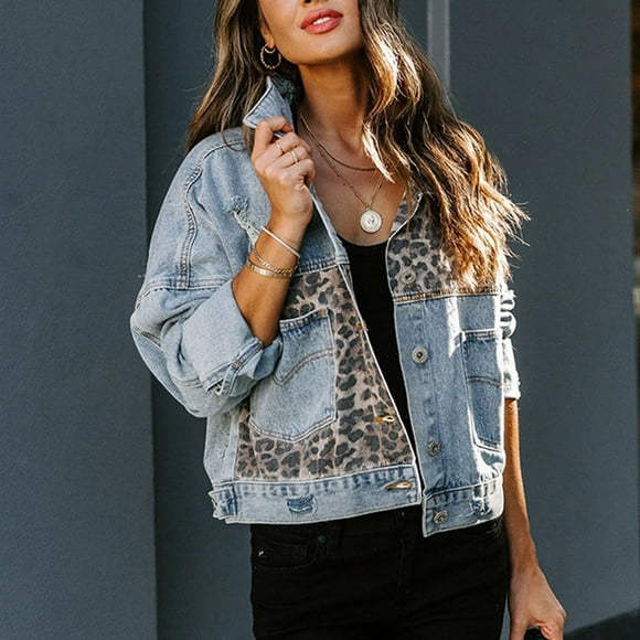 TIMIFIS Women's Distressed Denim Jean Jacket Outfits Leopard Coat Spring Fall Ripped Jean Outerwear Denim Jacket-BlueFall/Winter