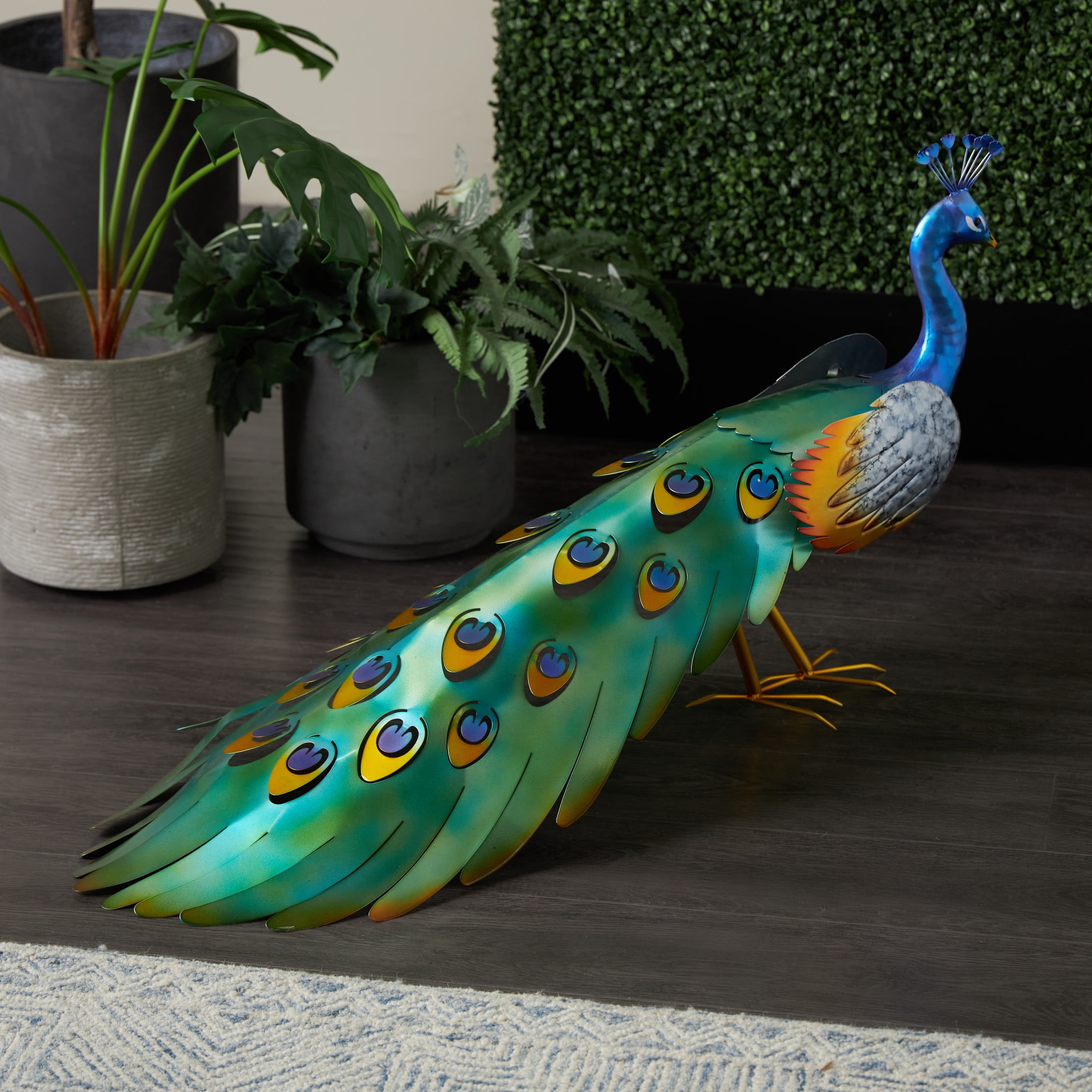 DecMode 22" Peacock Garden Sculpture with Gold Legs and Teal Wings