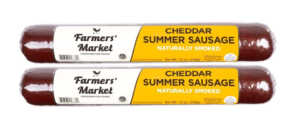 Farmers' Market Summer Sausage, Hickory Smoked, Shelf Stable Sausage Roll, Ready To Eat, High Protein, Low Carb, Keto, Gluten Free, Charcuterie Meat 24oz (Cheddar, 2 Pack)