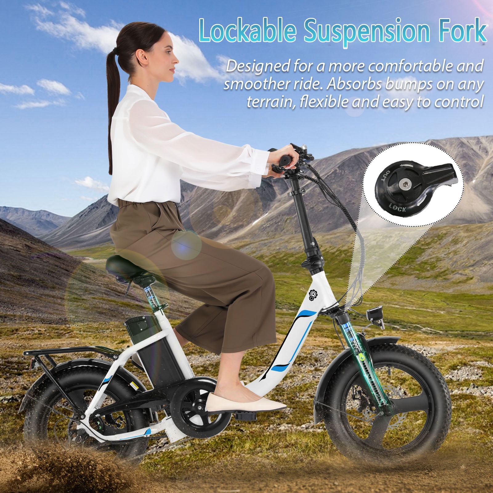 Elifine 3.0" Fat Tire Electric Bike for Adults, 48V 7.8Ah 350W Foldable Ebike with LCD, 5 Ridng Modes, Lockable Suspension Fork Electric Commuter Bicycle, 7 Speed City E-bikes for Women Teens, UL2849