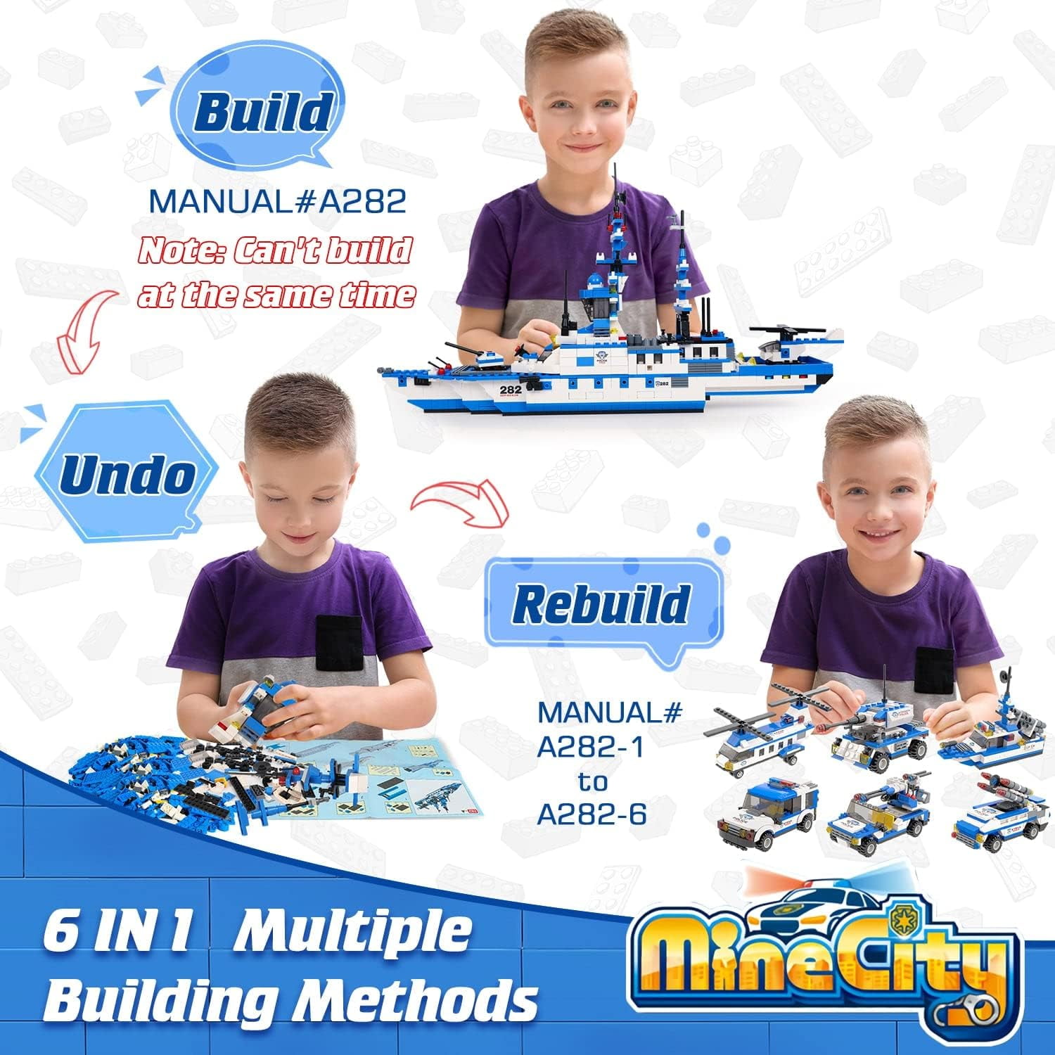 EXERCISE N PLAY 1169-Piece City Police Station Building Kit, 6-in-1 Military Battleship Toy