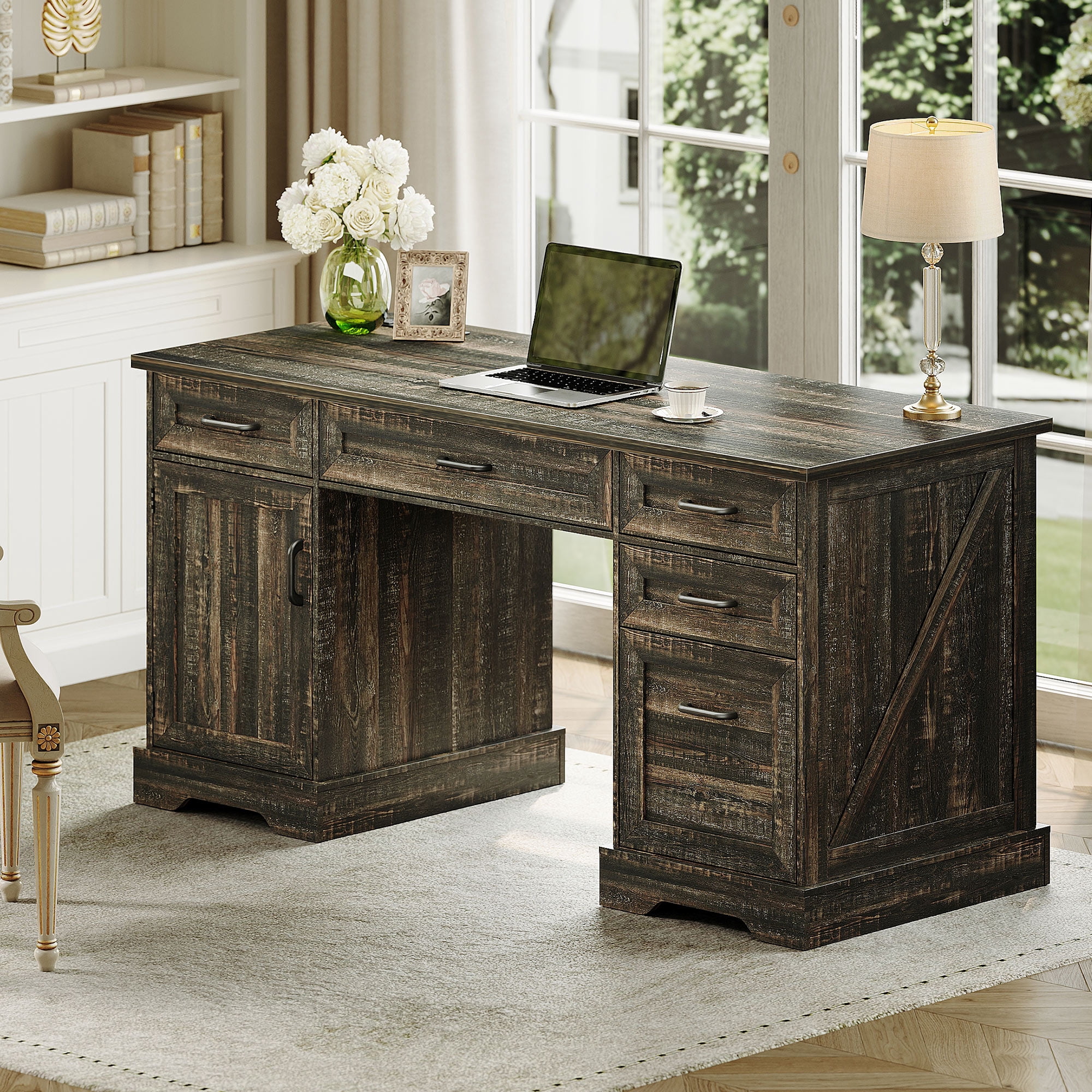 Casacomoda Home Office Desk with File Cabinet and Drawers, 59" Executive Desk with USB Power Outlet, Storage Cabinet for CPU, Workstation Table for Study, Dark Oak