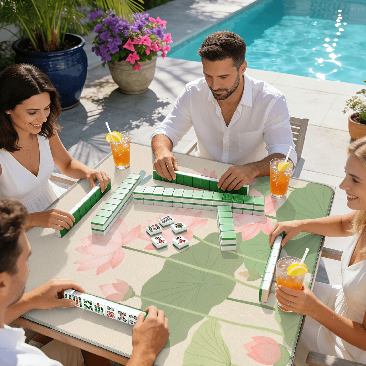 Mahjong Mat 31.5" x 31.5" lotus flowers dragonflies Non-Slip Noise Reduction American Mahjong Tiles Table Cover for Dominoes Poker Card Board Games Gift