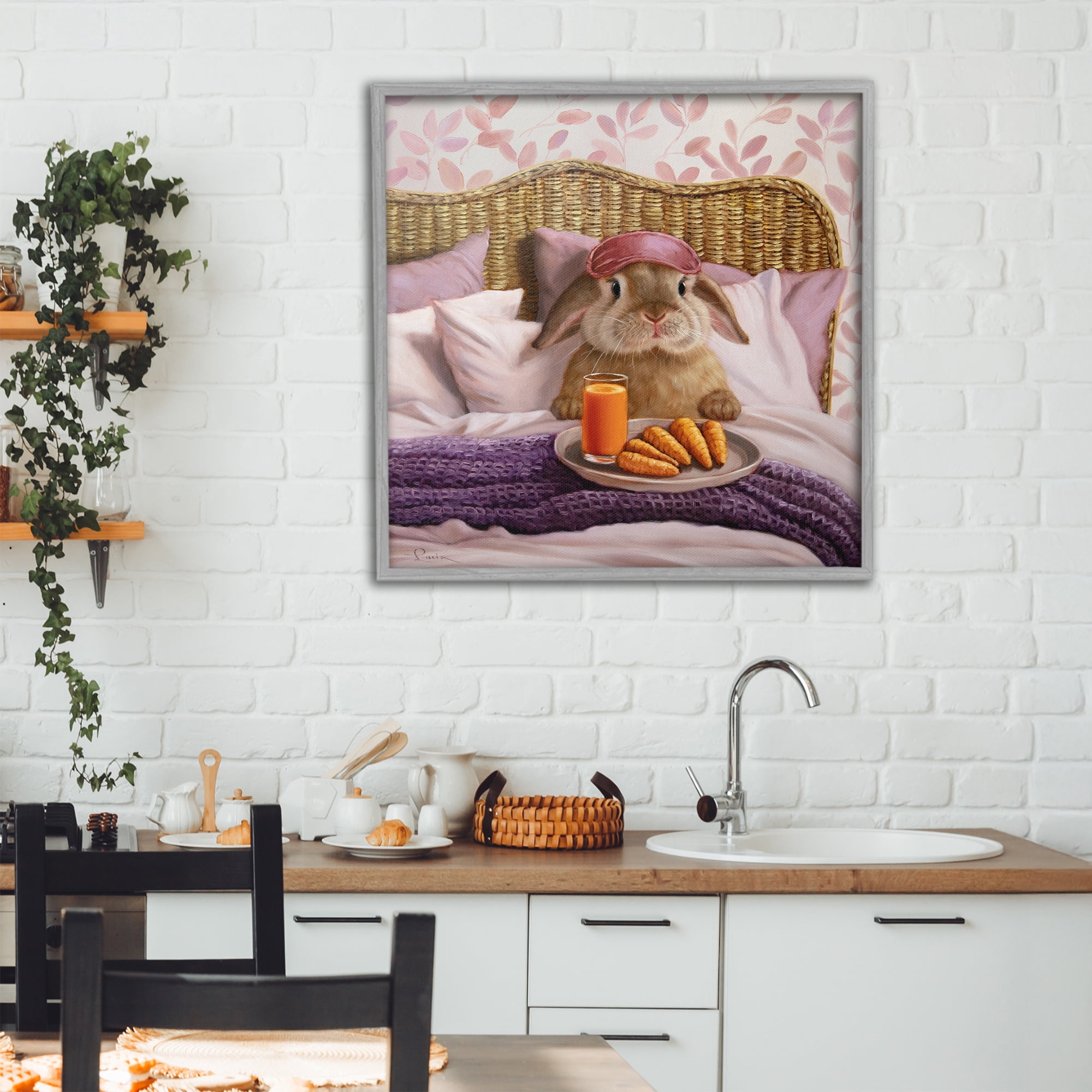 Stupell Industries Hoppy Meal Bunny in Bed Gray Framed Giclee Art, design by Lucia Heffernan