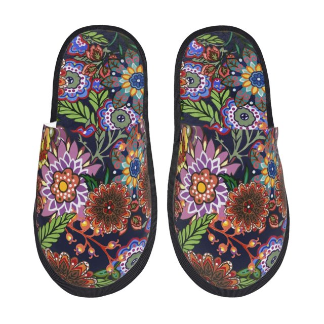 Balery Vintage Floral Pantuflas de Casa de Felpa Silenciosas con Diseño Estampado, Zapatillas Cómodas Antideslizantes de Algodón para Interior-Large