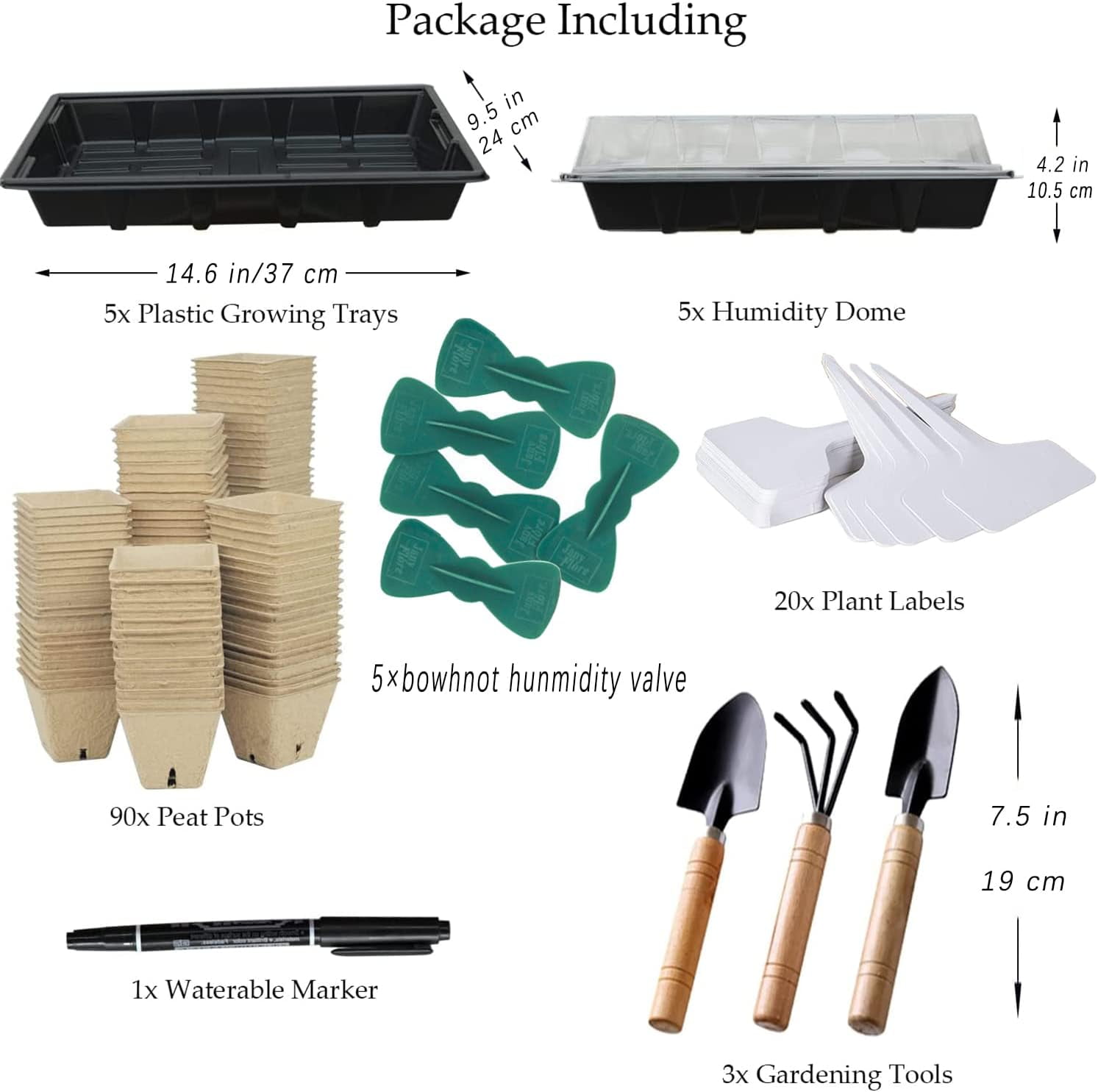 Seed Starter Kit with 90 Peat Pots for Seedlings Seed Starter Trays, 5 Plastic Growing Trays 20 Plant Labels & 3 Garden Tools, Outdoor or Indoor Herb Garden Nursery