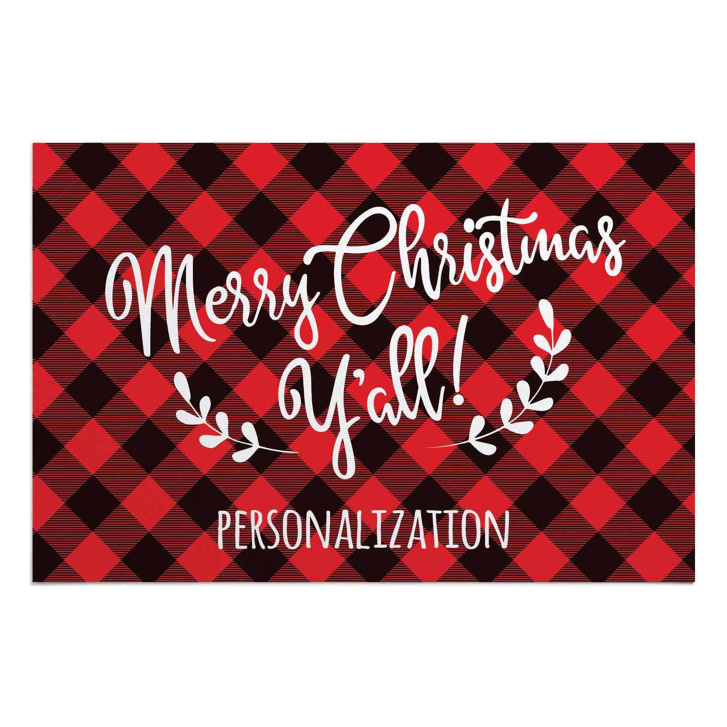 Personalized Planet 27x18 Marry Christmas Ya'll Holiday Doormat with Custom Family Name Printed on Red and Black Plaid Rectangular 1/8” Thick Non Slip Mat for Kitchen Hallway Deck or Porch