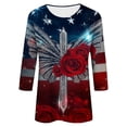 thumbnail image 4 of Uootdi 4th of July Tops for Women Rose Butterfly Cross Print 3/4 Sleeve Casual Loose Fit Lightweight Tees Gift, 4 of 7