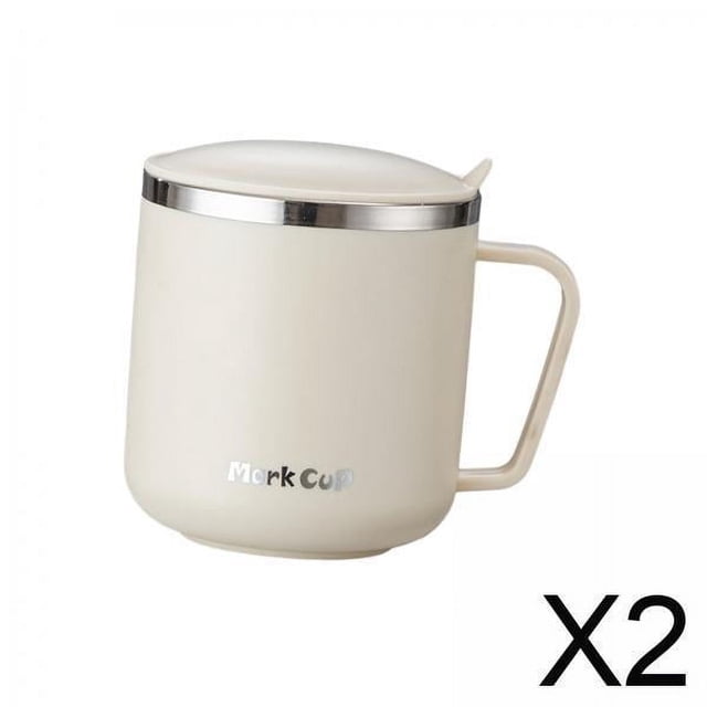 tazas de café,taza de café de acero inoxidable 304,taza de agua con aislamiento térmico tazas para beber,vasos de metal botella de agua con báscula,taza de café,té,taza de café para Beige taza de café de acero inoxidable 304, doble capa, con asa y tapa sellada, capacidad 400 ml, banda superior plateada y acabado mate, fondo antideslizante, vista frontal centrada; paquete de 2, uso para café, té y bebidas calientes en casa o la oficina.