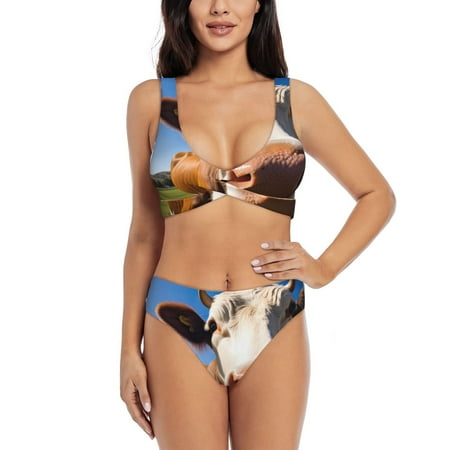 Zeuib Blue Sky Meadow Cute Cow High Waisted Tummy Control Bikini Set - Knot Front Push Up Top & Cheeky Thong Bottom  Two-Piece Swimsuit for Women-Small