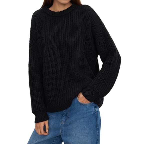 Women'S Crew Neck Sweater Long Sleeve Lantern Sleeve Hollow Knit Loose Casual Sweater Black M