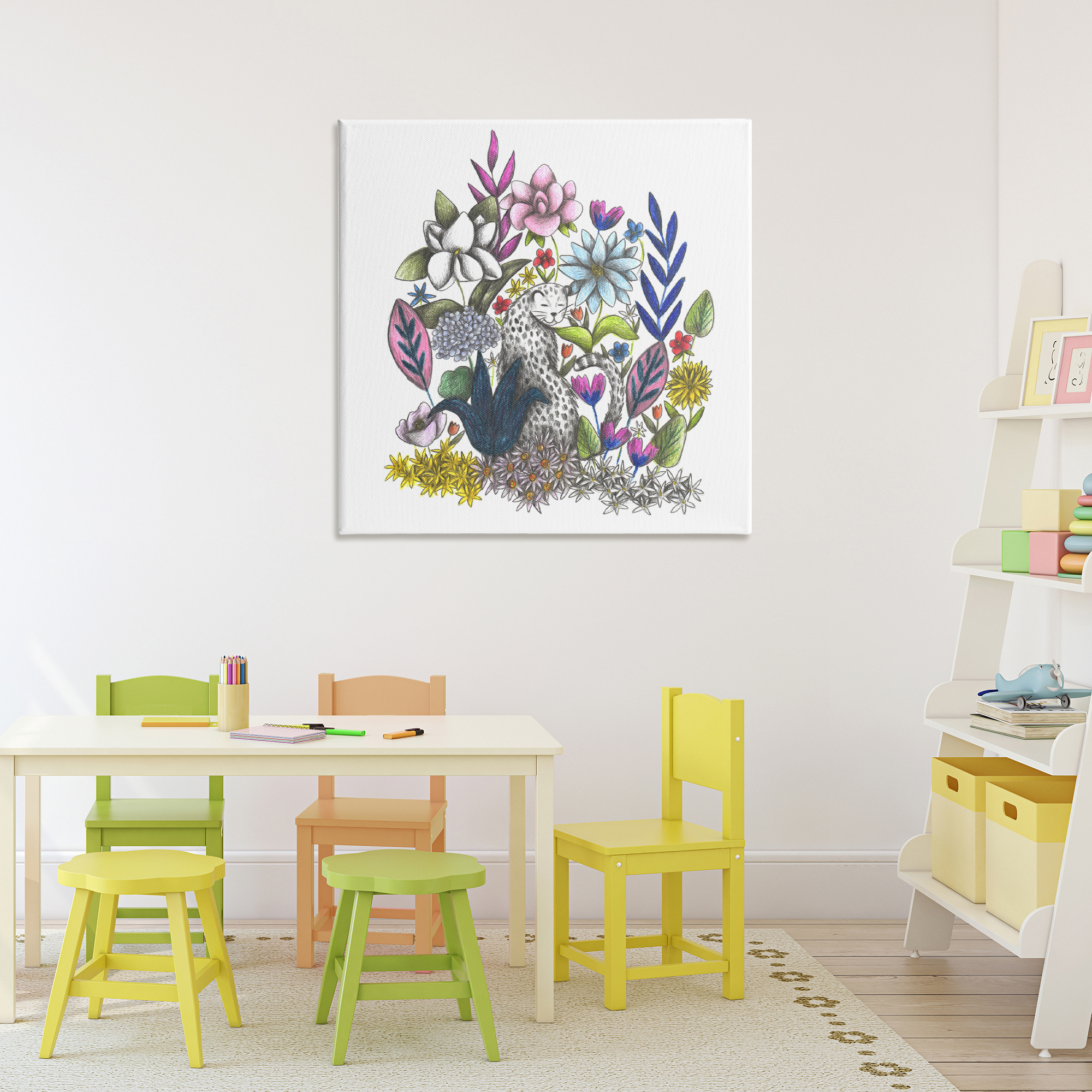 Leopard in Midst of Flowers Canvas Wall Art, design by Cecilia Battaini