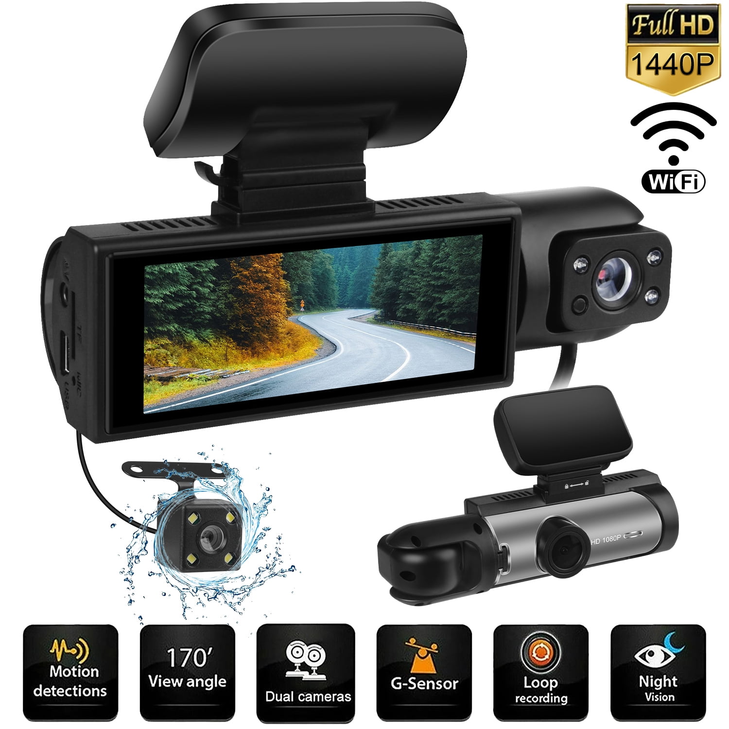 AILKIN Dash Cam Front and Rear,Full HD 1440P/1080P Dash Cam Wifi App 3.16in IPS Display Dash Camera for Cars with Night Vision Free 64GB SD Card,G-Sensor,3 Channel Dash Cam Front and Rear Inside
